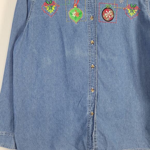 Vintage Denim Christmas Embroidered Button-down Shirt sz XL contrast collar 90s - Picture 3 of 7